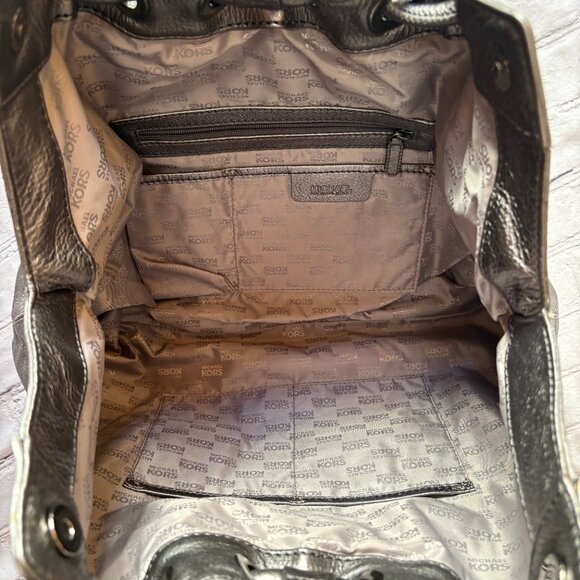 Michael Michael Kors Hobo Bag Studded Top Handle Leather Purse Silver Metallic L - Picture 6 of 14